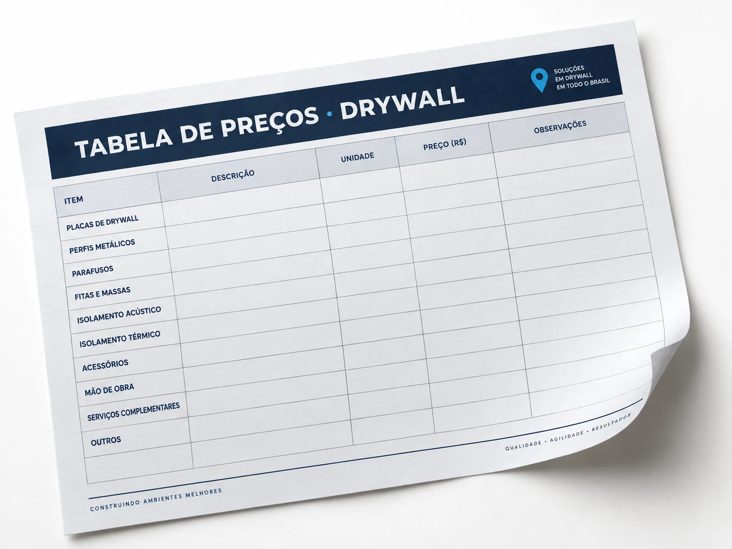 Tabela de preços de serviço